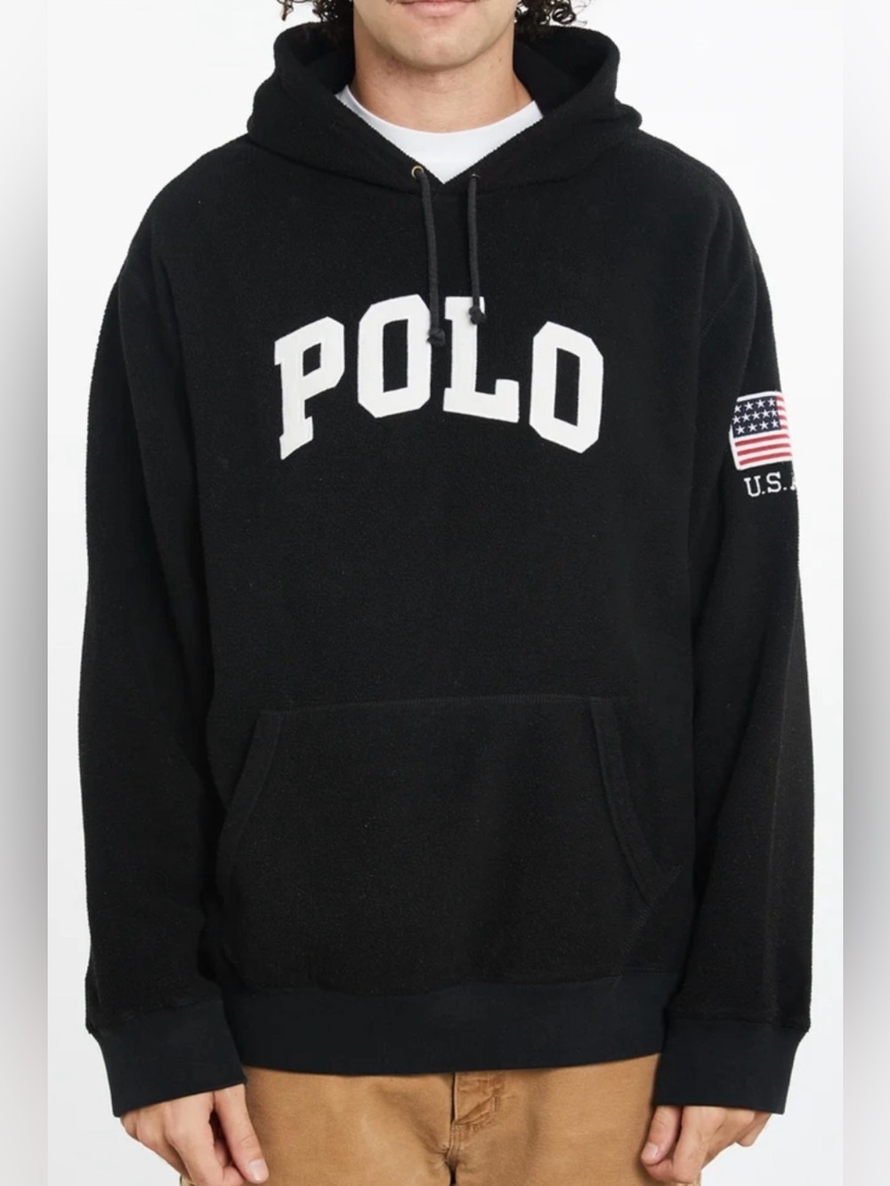 Polo Ralph Lauren Black Fleece Hoodie White POLO Chest Patch & USA Flag Patch M